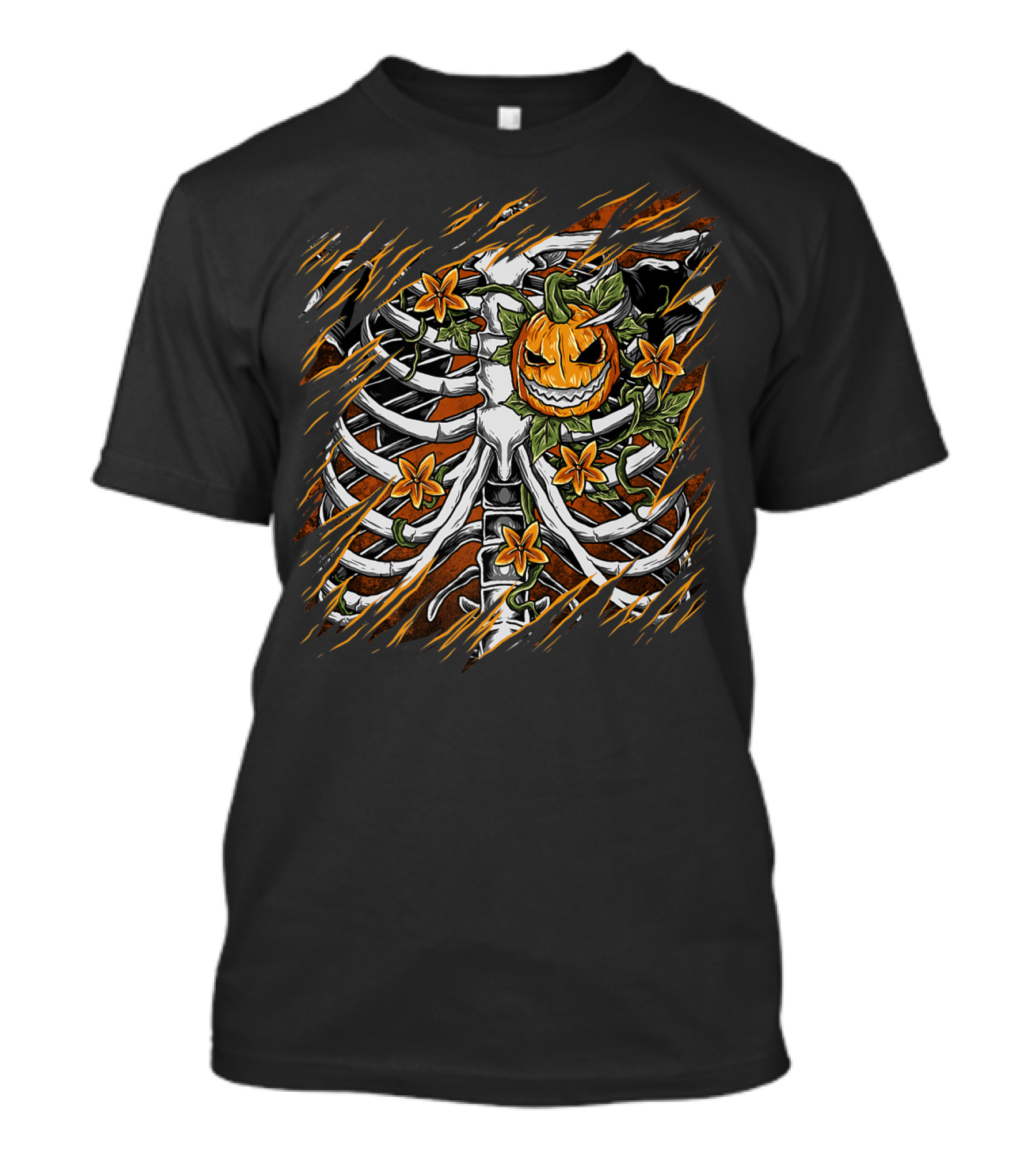 Skeleton Ribcage With Pumpkin And Flowers Halloween Is My Life T-Shirt