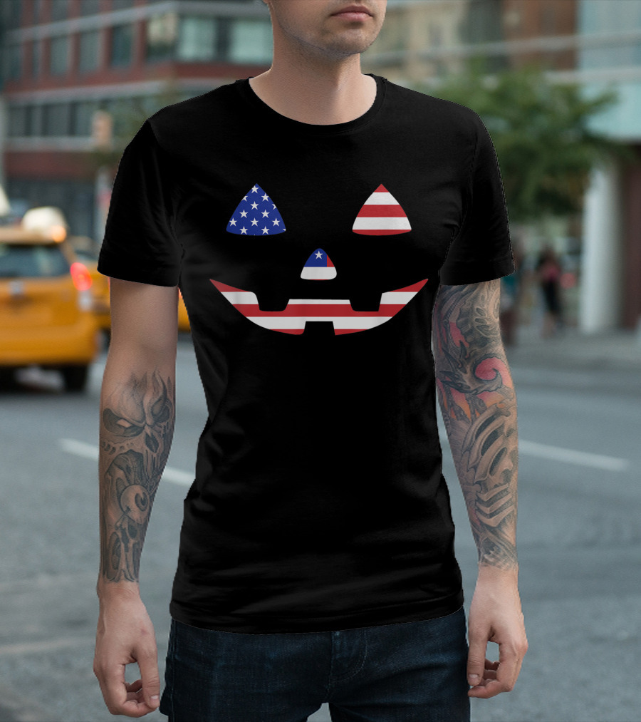American Flag Jack O Lantern Pumpkin Face for Halloween T-Shirt