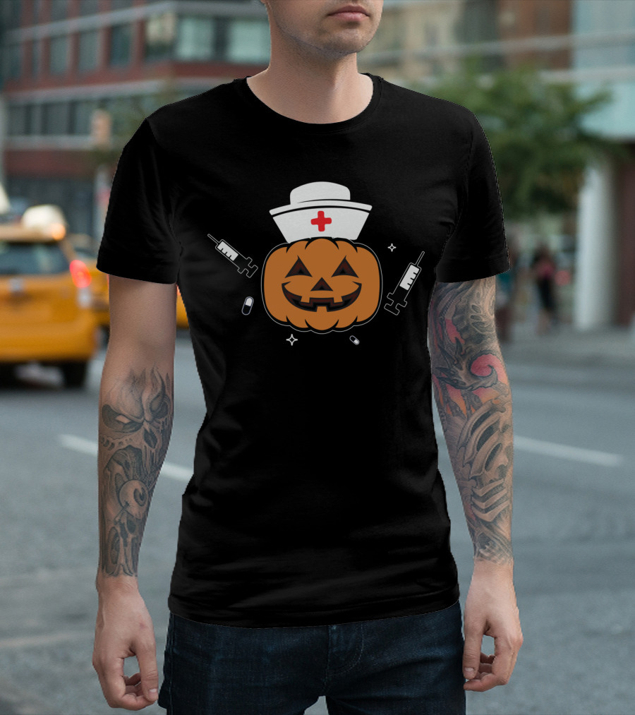 Halloween Nurse Pumpkin with Syringes Hospital Night T-Shirt