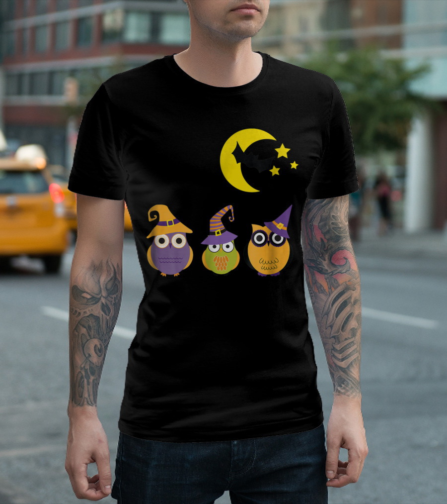 Halloween Owl Moon Bat Stars Witches Hat Trio T-Shirt