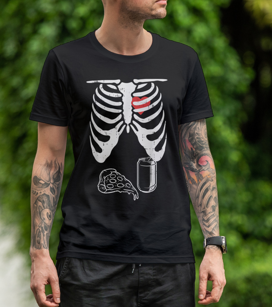 Halloween Pregnancy Skeleton Dad Husband Pizza Ribs Heart Soda T-Shirt