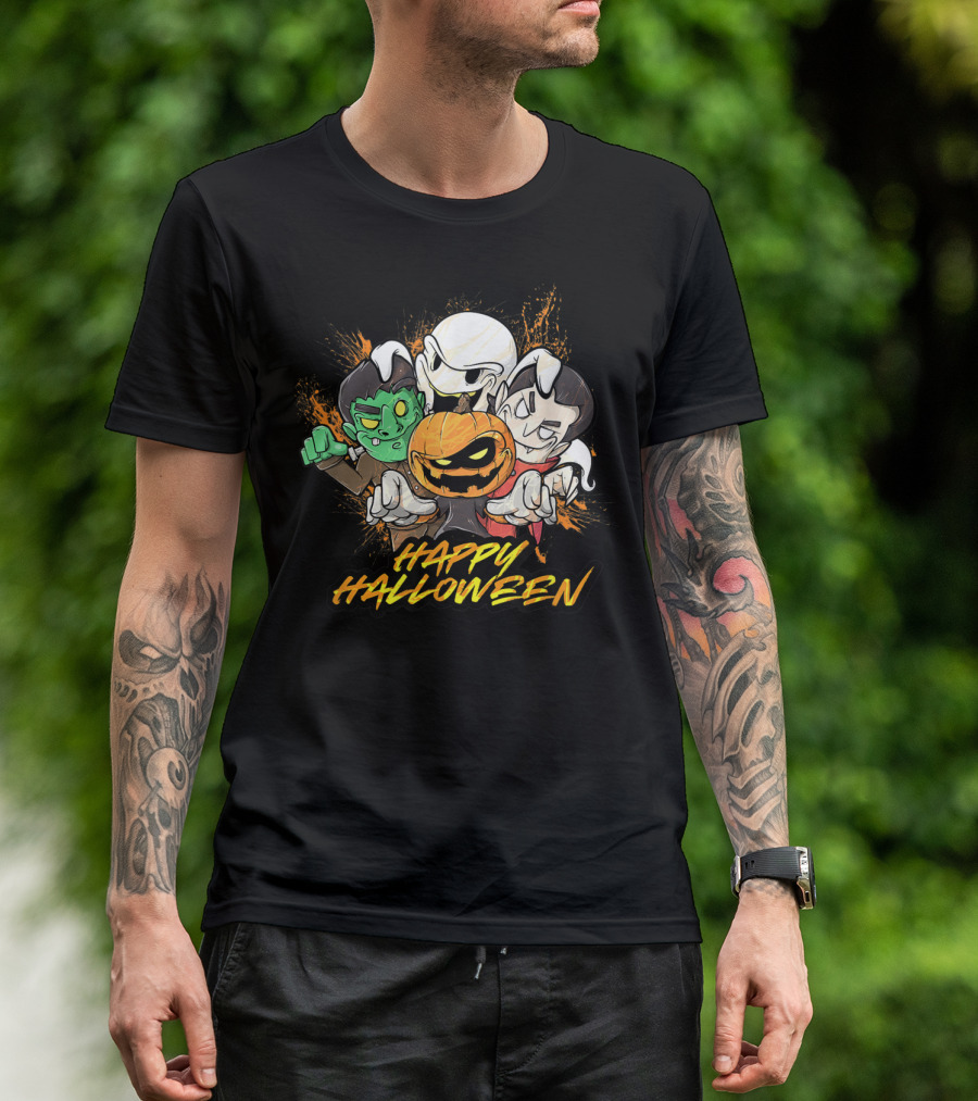 Happy Halloween Pumpkin Face Vampire Ghost Monster Trio T-Shirt