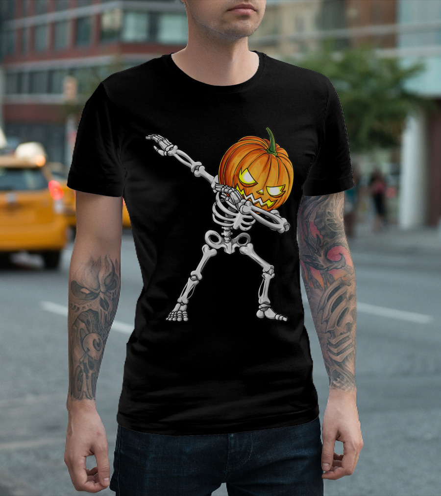 Halloween Kids Dabbing Skeleton Pumpkin Head T-Shirt