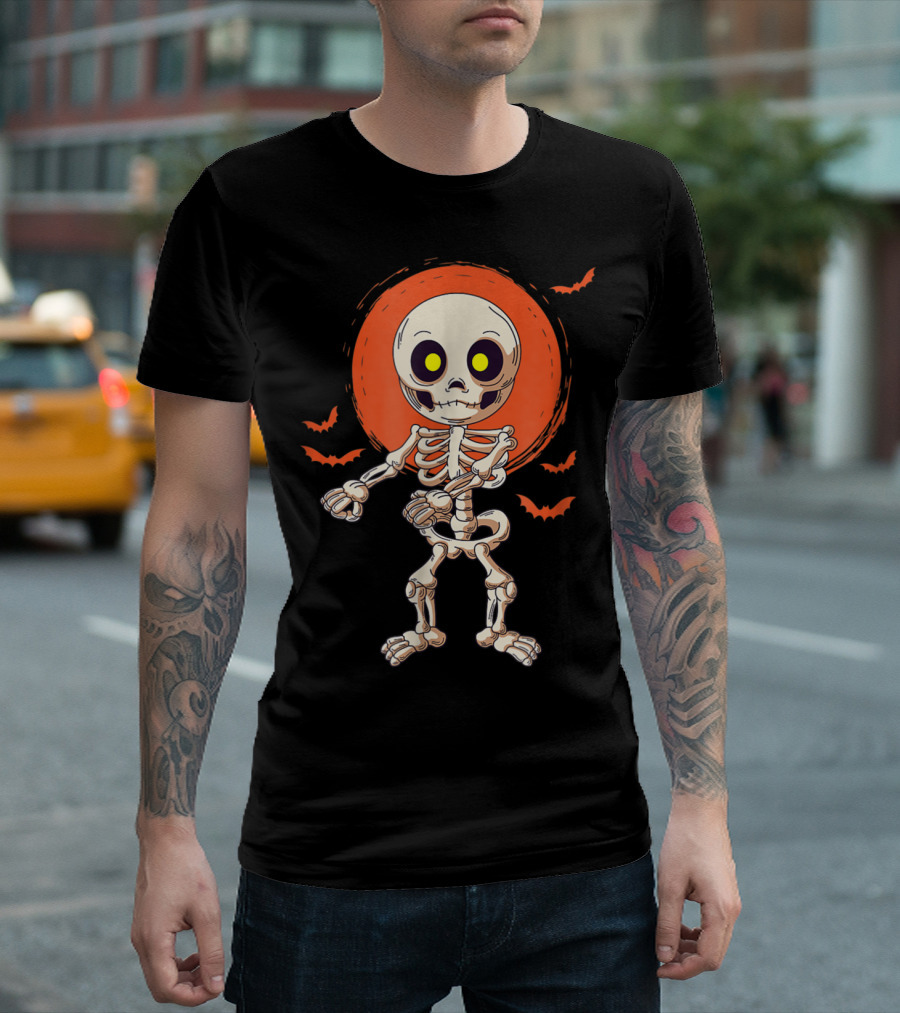Halloween Skeleton Flossing Dance with Bats and Orange Moon T-Shirt