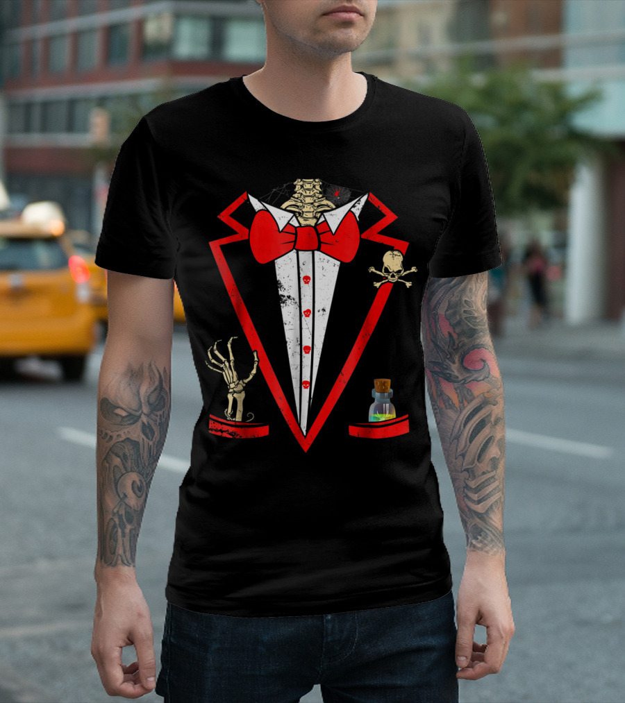 Halloween Skeleton Tuxedo Red Bow Tie Skull Potion Skeleton Hand T-Shirt