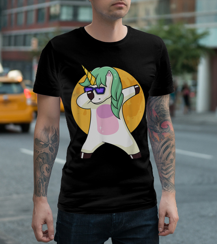 Halloween Unicorn Dabbing Magic Mane Moon Background T-Shirt