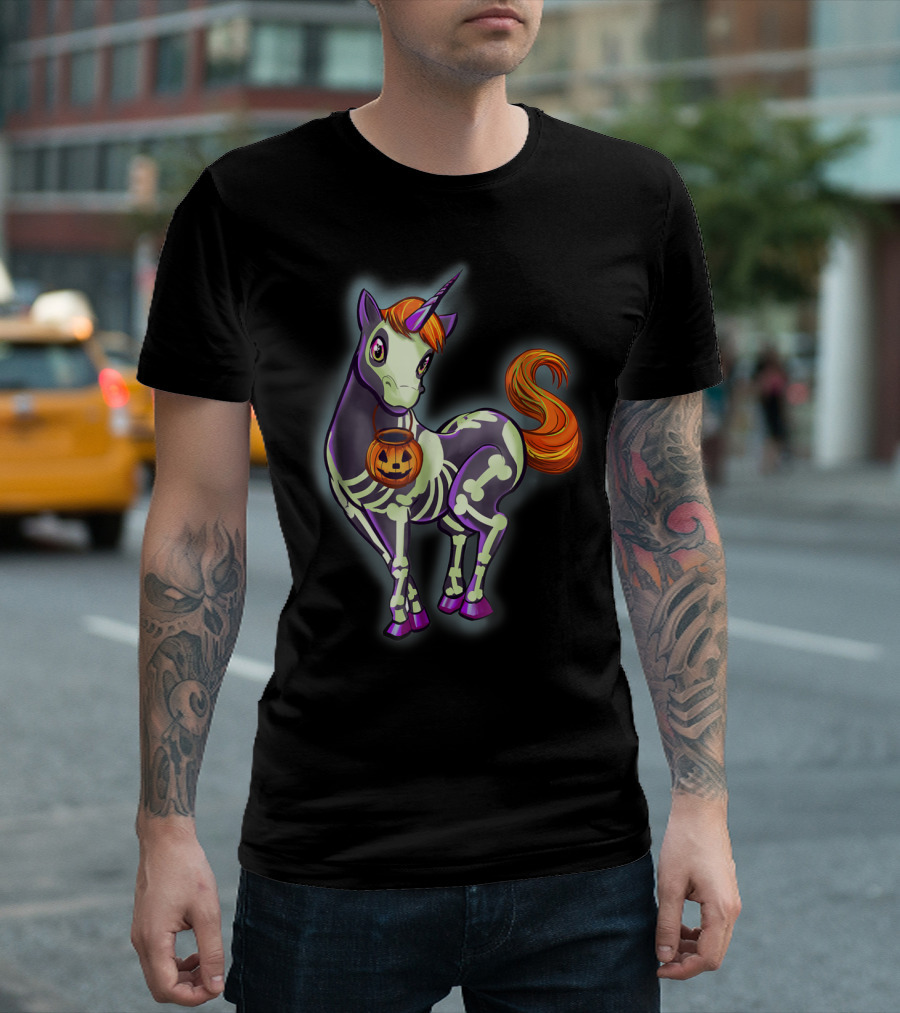 Halloween Unicorn Skeleton with Pumpkin Accessory T-Shirt