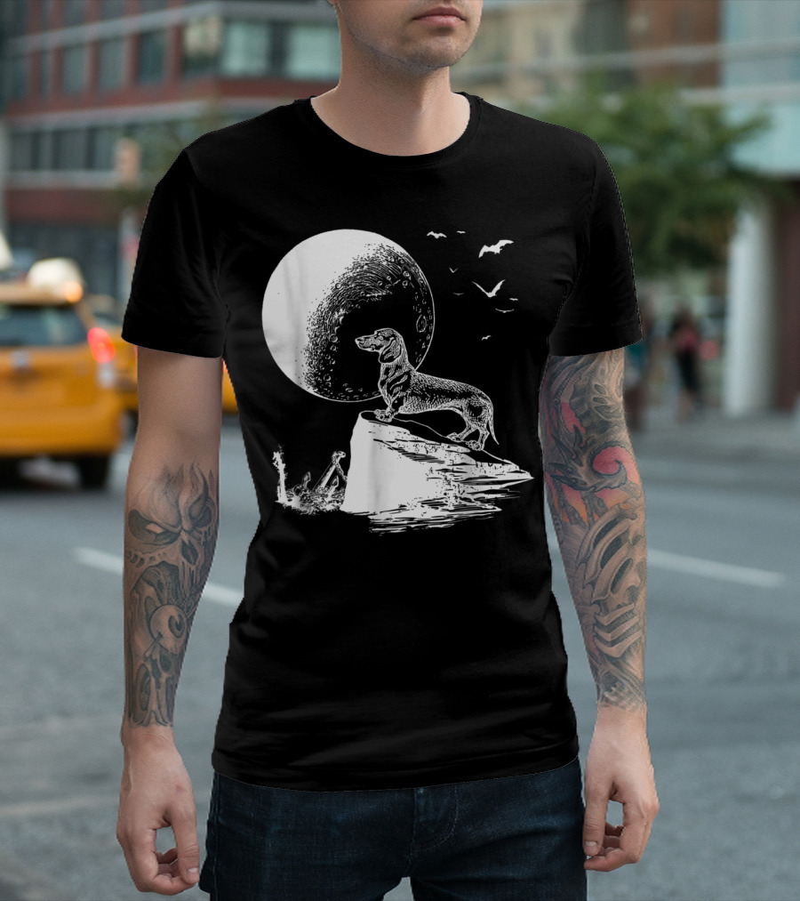 Halloween Dachshund Howling at Moon with Bats T-Shirt