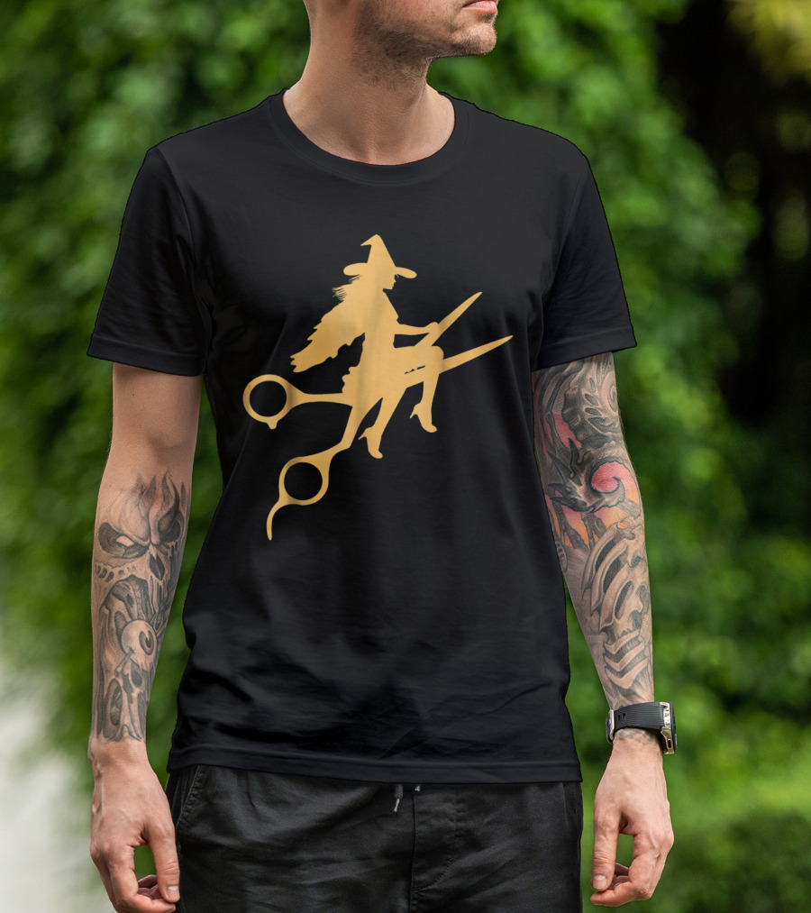 Halloween Witch Riding Barber Scissors Hair Stylist T-Shirt