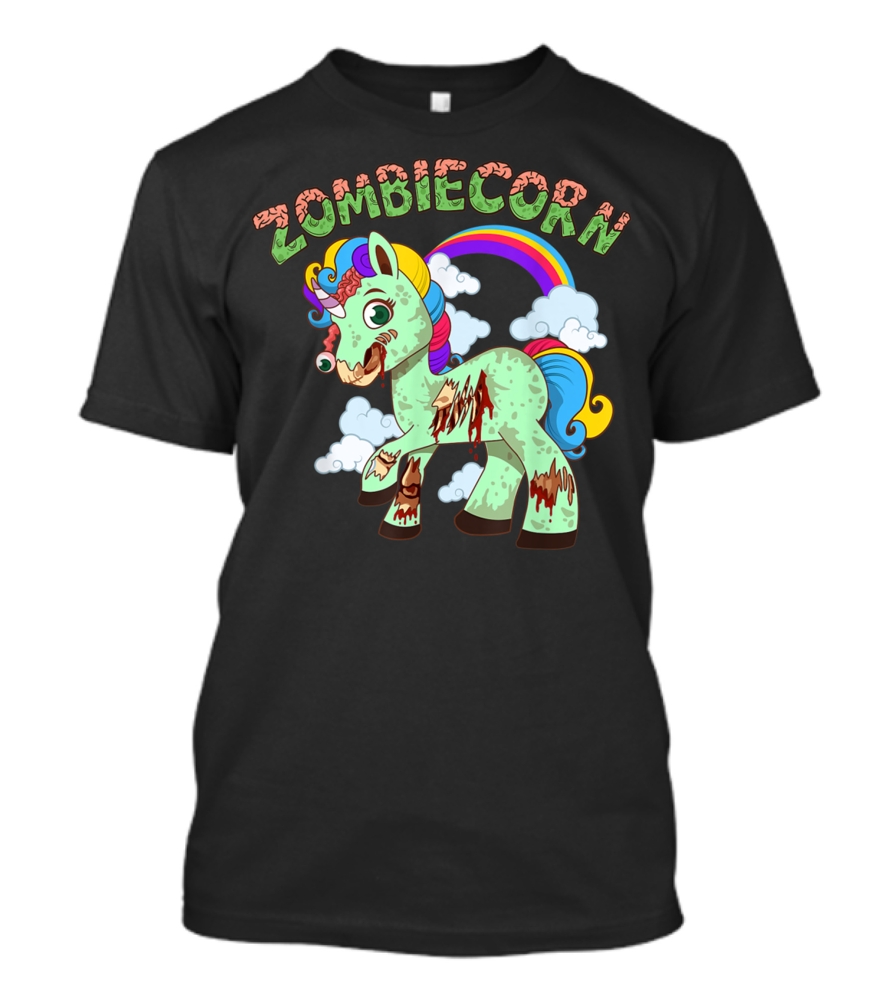 Zombicorn Halloween Scary Horse Monster With Rainbow Clouds T-Shirt