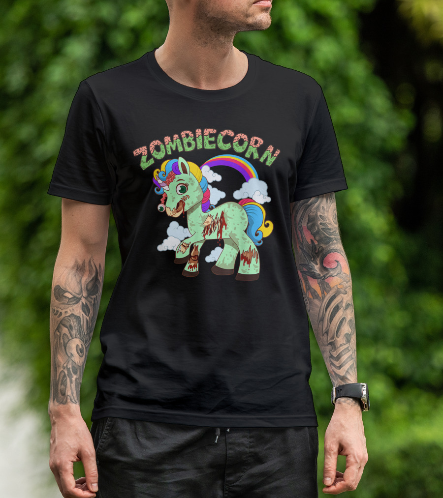 Zombicorn Halloween Scary Horse Monster With Rainbow Clouds T-Shirt