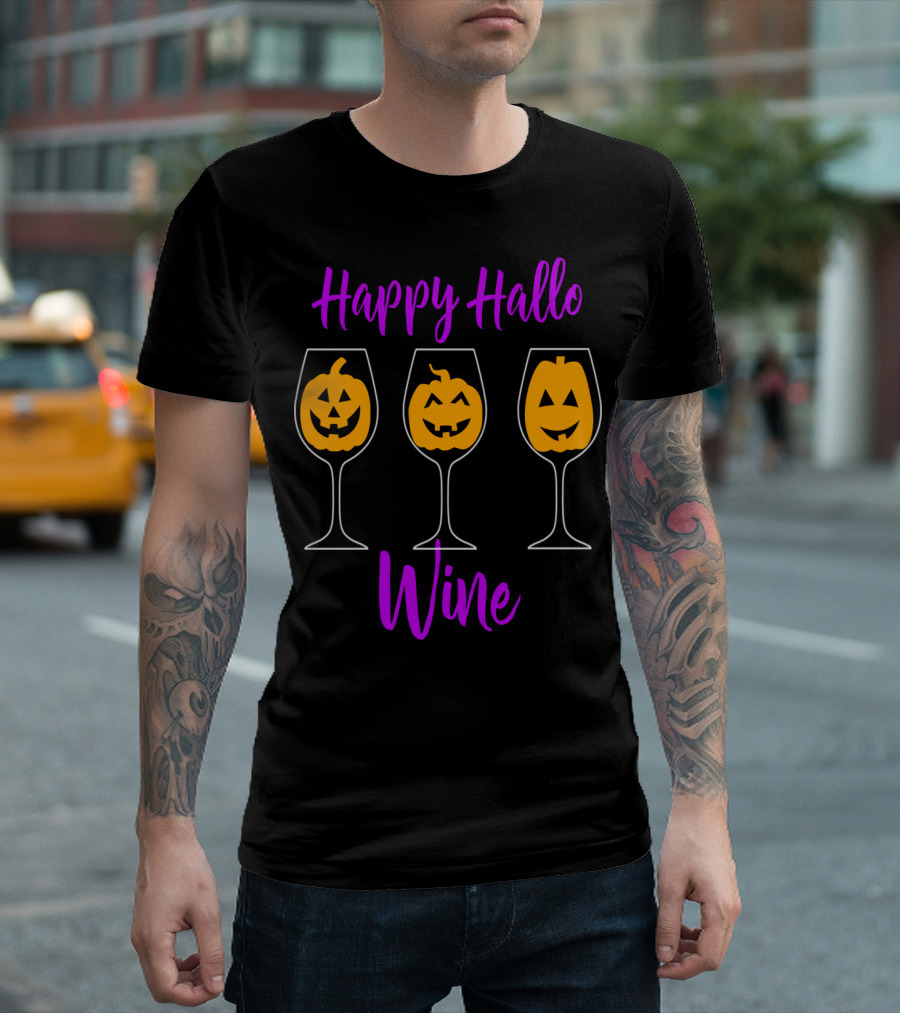 Halloween Pumpkin Wine Glass Trio Happy Hallo Wine T-Shirt