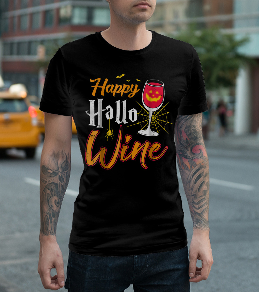 Happy Hallo Wine with Spider Webs and Jack O' Lantern Wine Glass T-Shirt