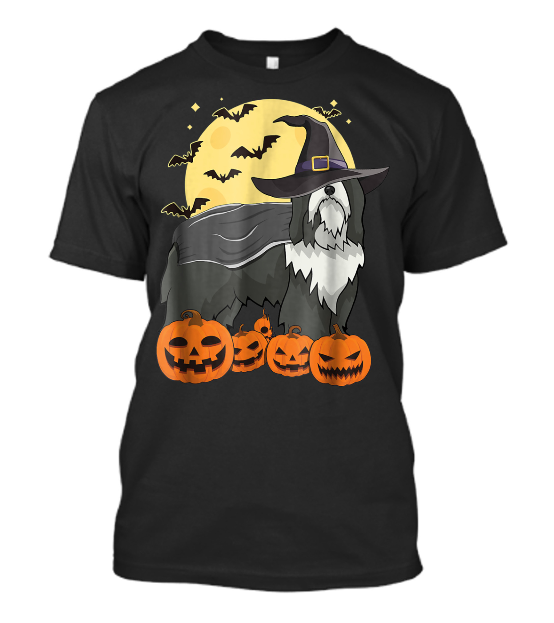 Happy Halloween Bearded Collie Witch With Jack-O'-Lanterns And Bats T-Shirt