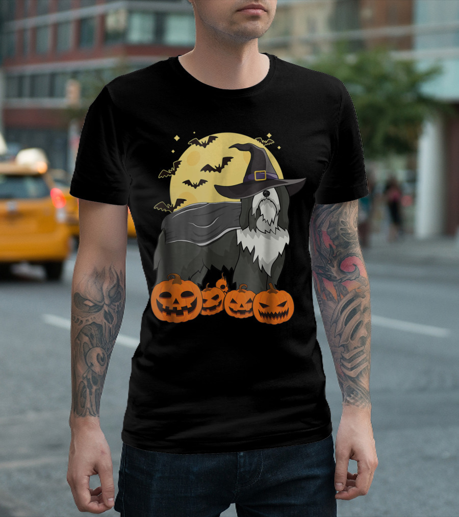 Happy Halloween Bearded Collie Witch With Jack-O'-Lanterns And Bats T-Shirt