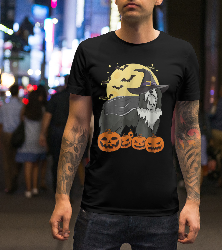 Happy Halloween Bearded Collie Witch With Jack-O'-Lanterns And Bats T-Shirt