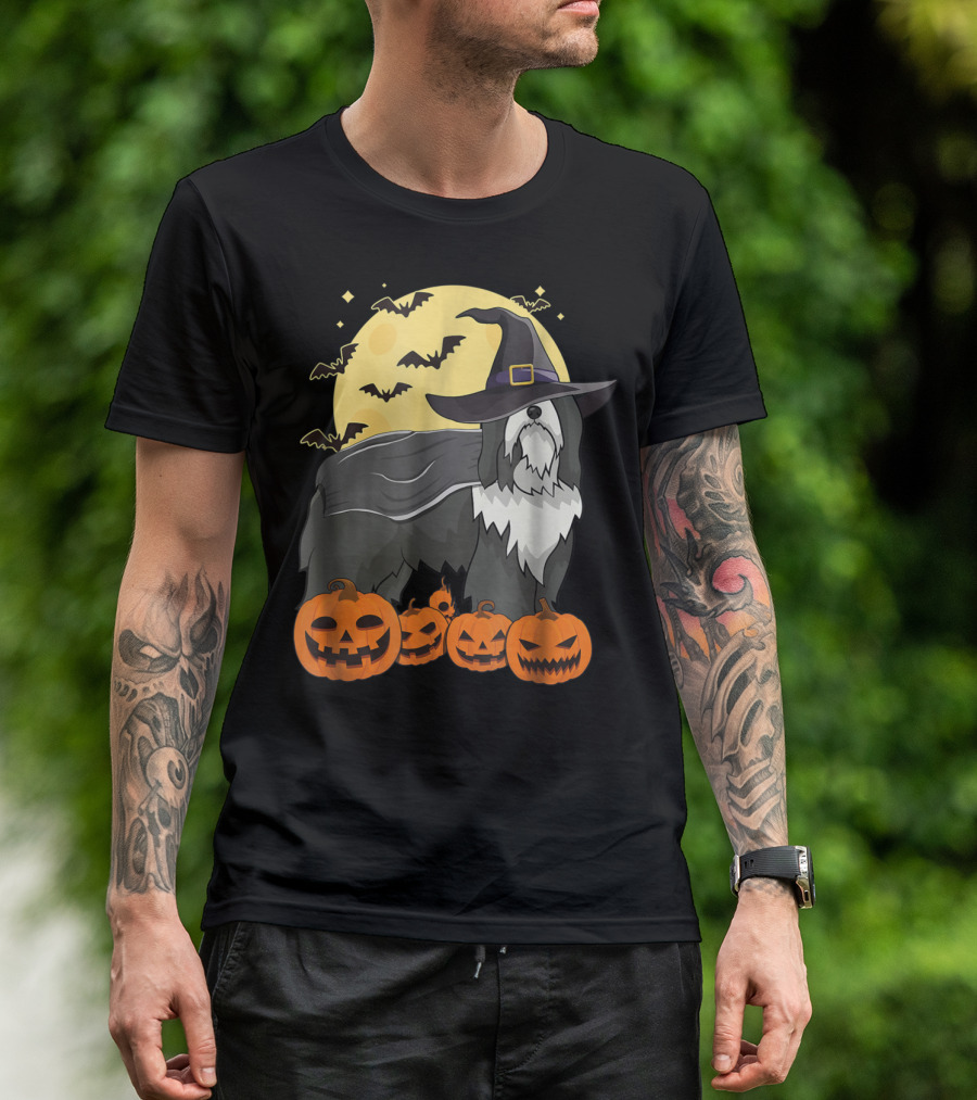 Happy Halloween Bearded Collie Witch With Jack-O'-Lanterns And Bats T-Shirt
