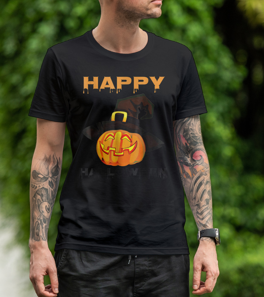 Happy Halloween Pumpkin Head Witch Hat T-Shirt