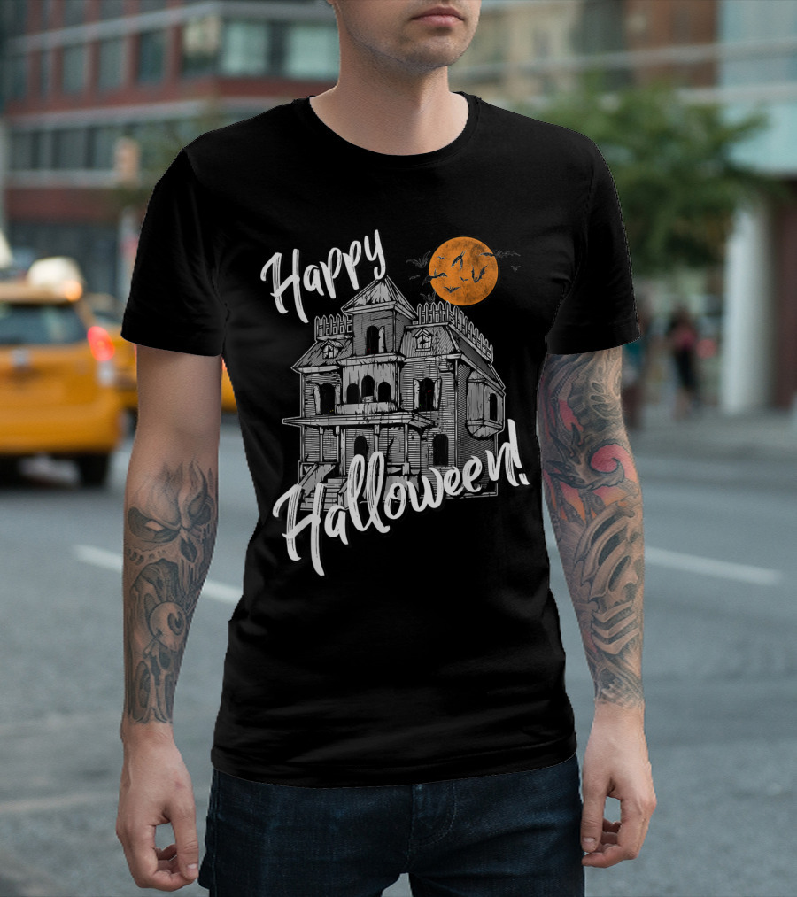 Happy Halloween Scary Haunted House With Moon and Bats T-Shirt