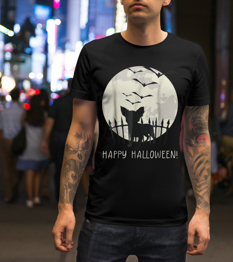 Happy Halloween With Chihuahua Moon Bats Fence T-Shirt