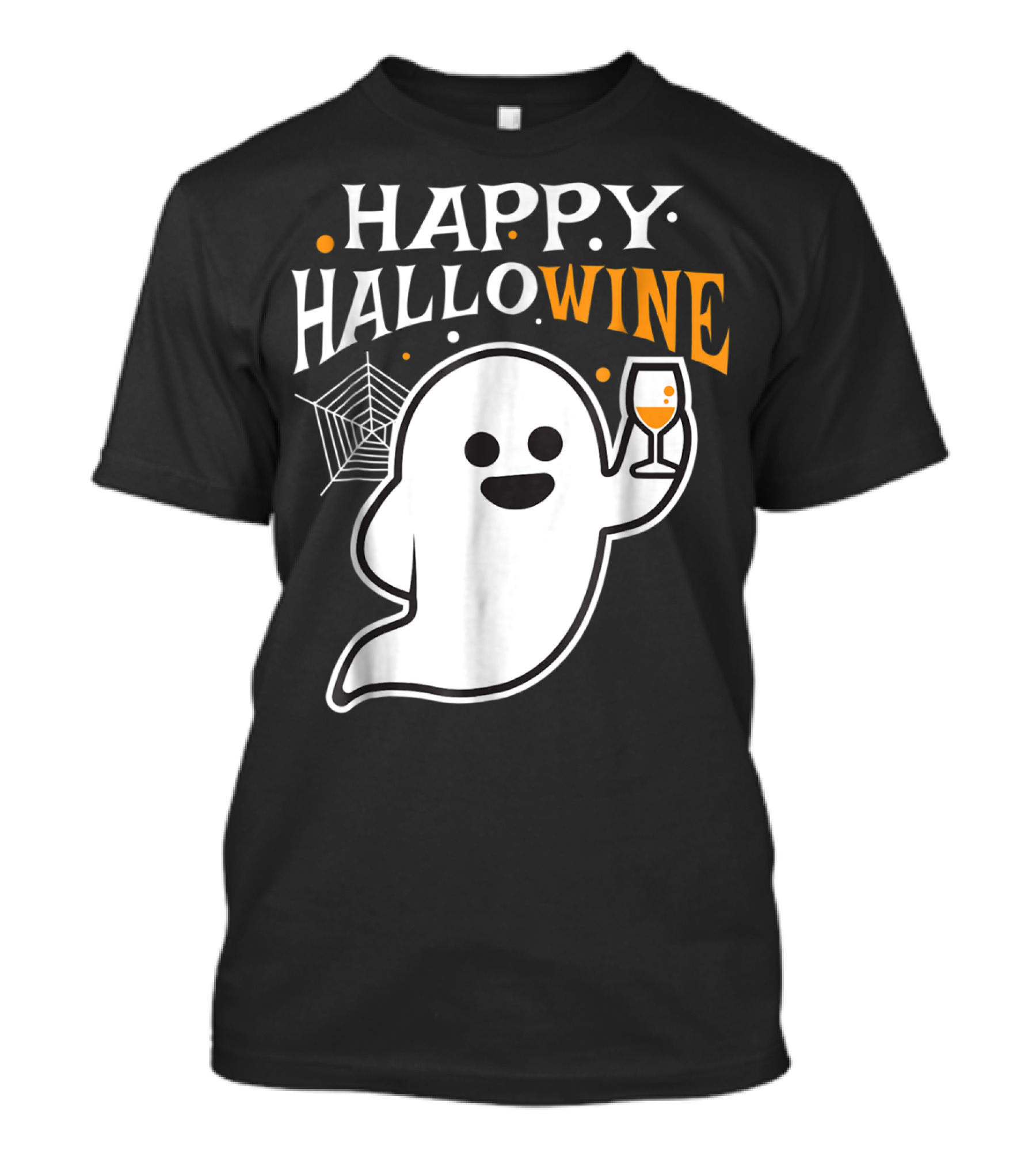 Happy Hallowine Halloween Drinking Wine Ghost With Wine Glass And Spider Web T-Shirt