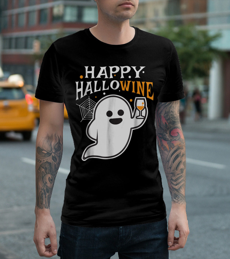 Happy Hallowine Halloween Drinking Wine Ghost With Wine Glass And Spider Web T-Shirt