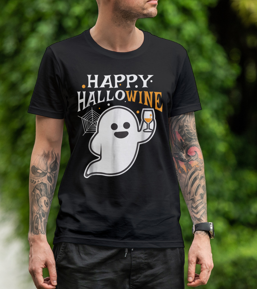 Happy Hallowine Halloween Drinking Wine Ghost With Wine Glass And Spider Web T-Shirt