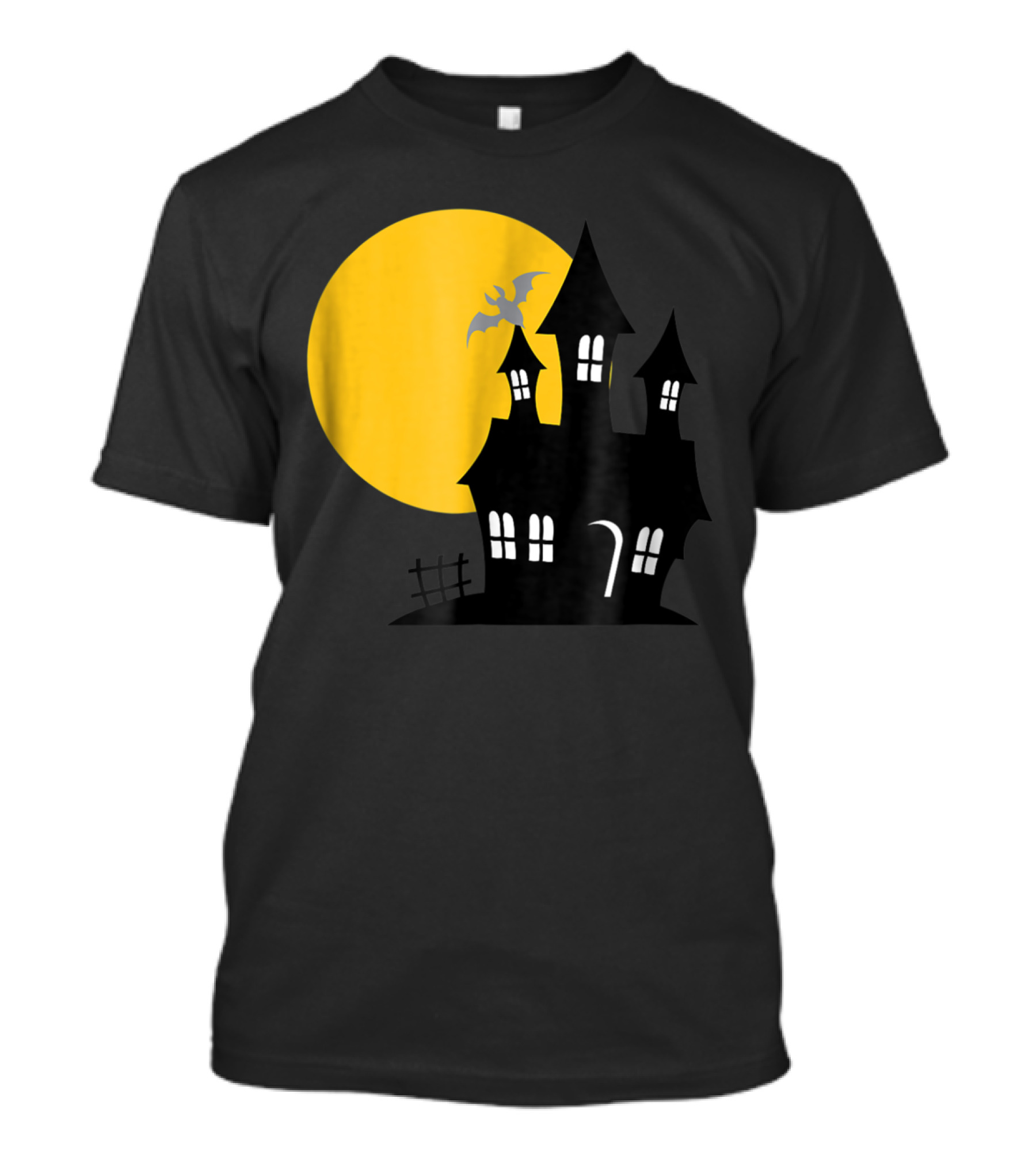 Haunted House And Harvest Moon With Bat And Yellow Full Moon T-Shirt