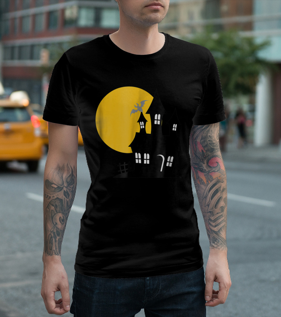 Haunted House And Harvest Moon With Bat And Yellow Full Moon T-Shirt