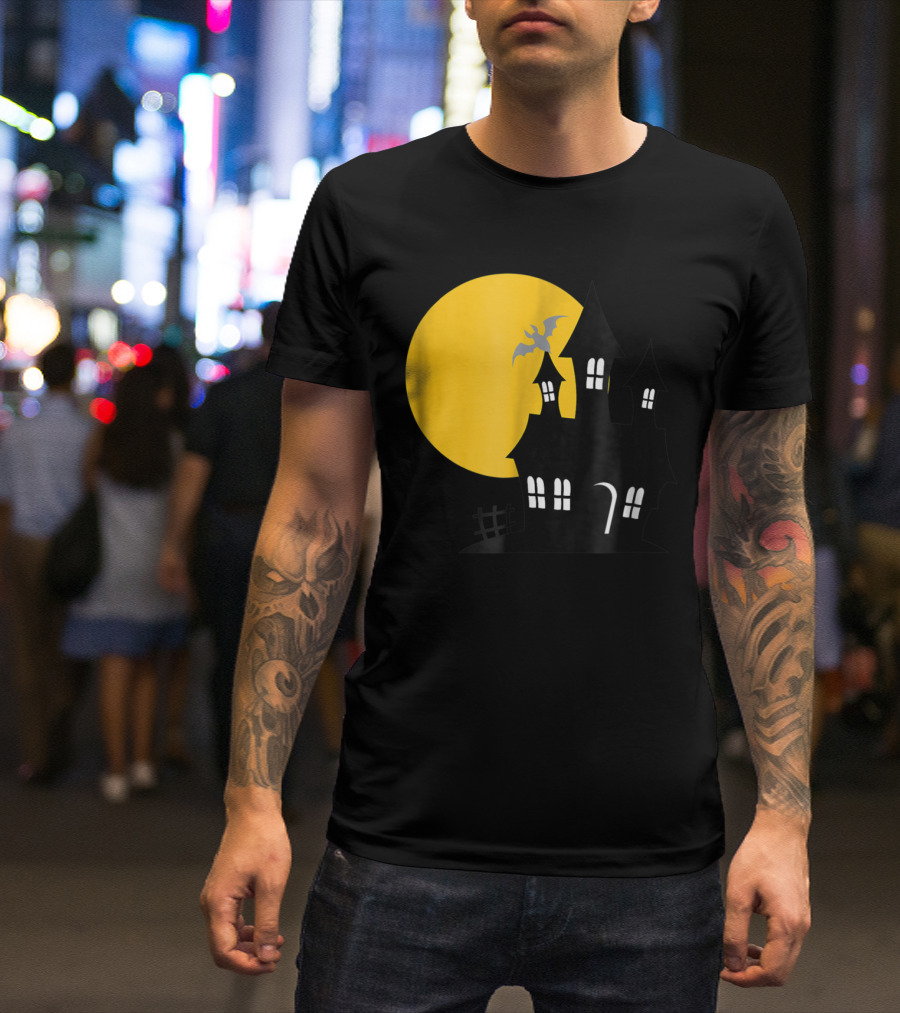 Haunted House And Harvest Moon With Bat And Yellow Full Moon T-Shirt