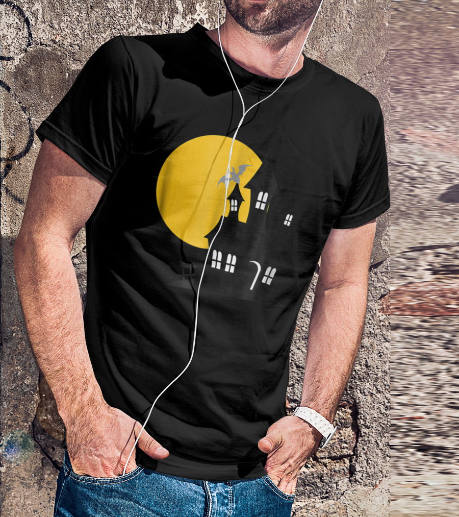 Haunted House And Harvest Moon With Bat And Yellow Full Moon T-Shirt