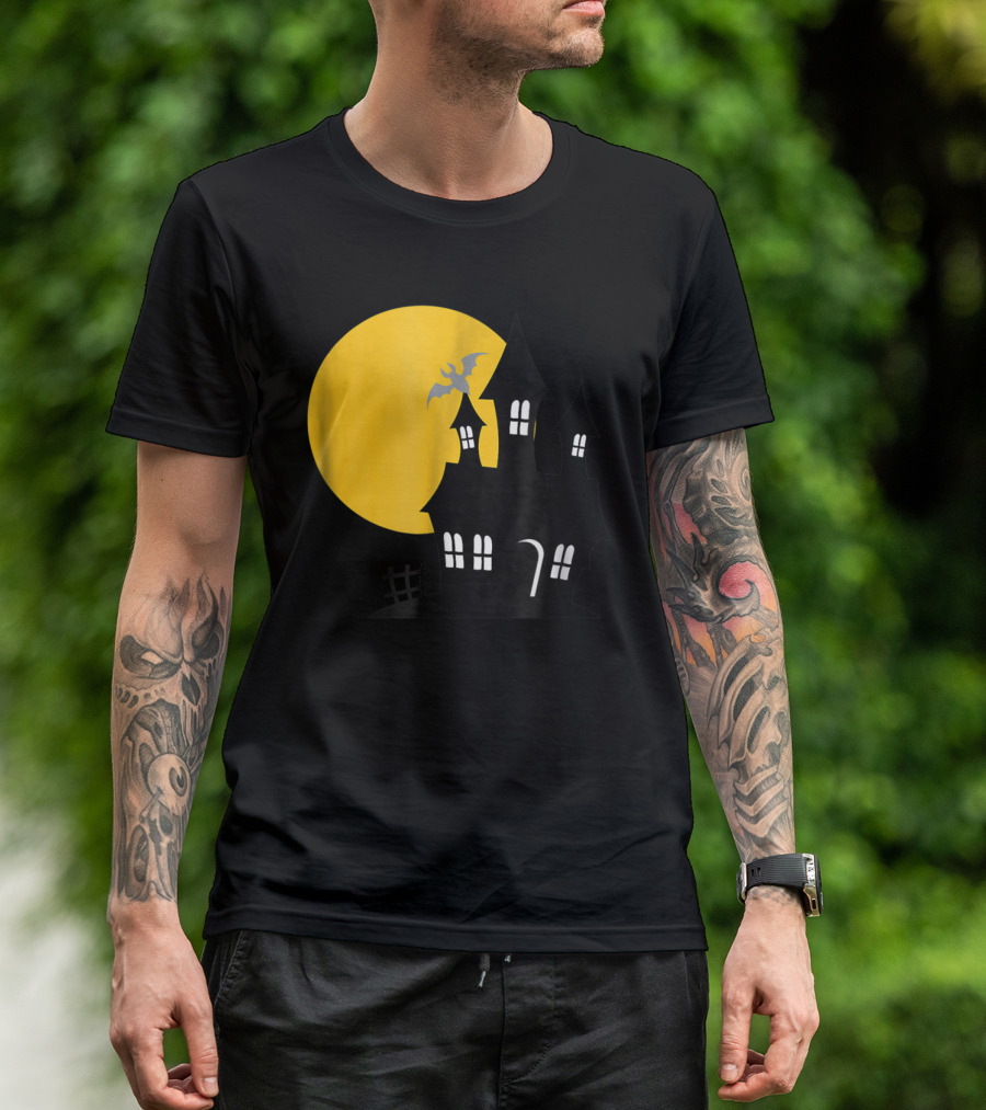Haunted House And Harvest Moon With Bat And Yellow Full Moon T-Shirt