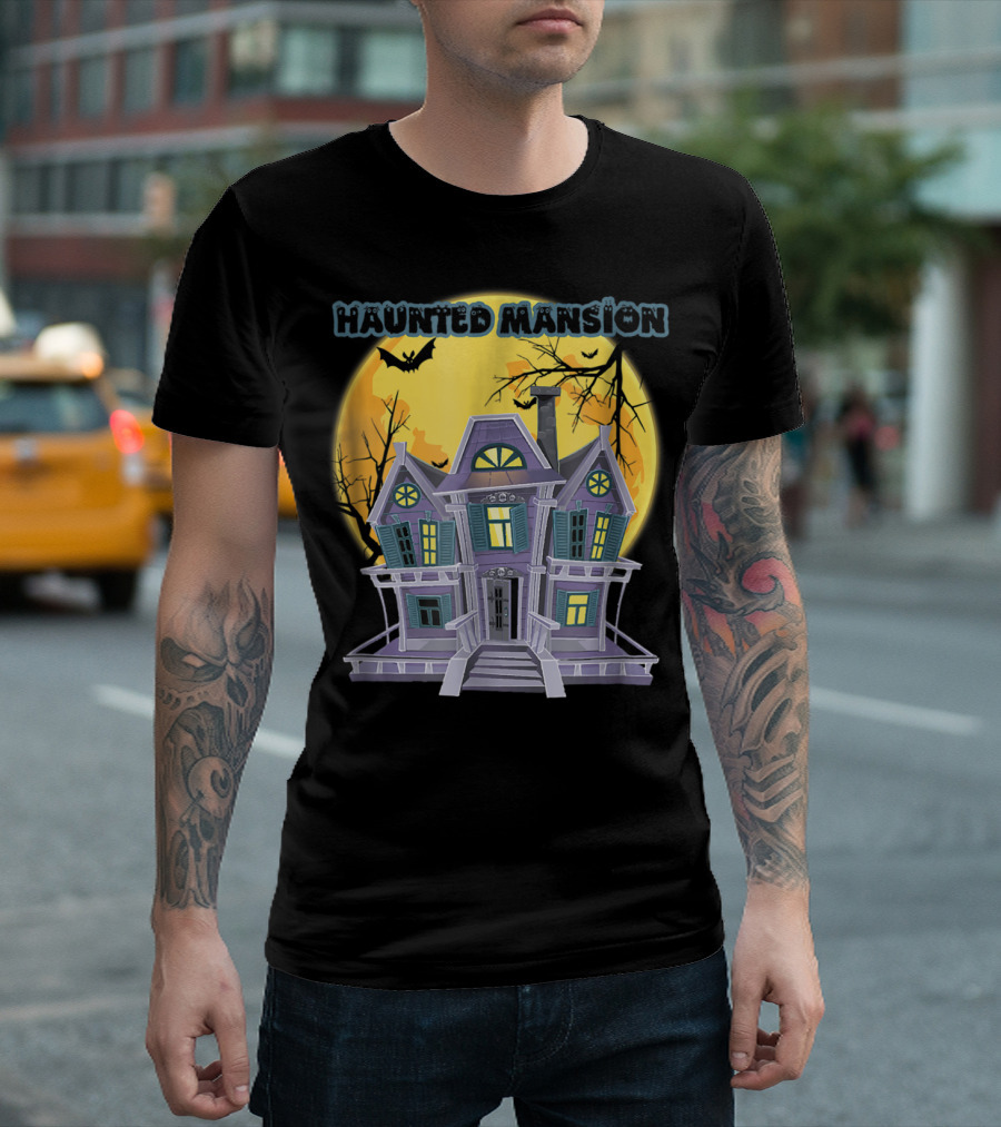 Haunted Mansion With Full Moon And Bats T-Shirt