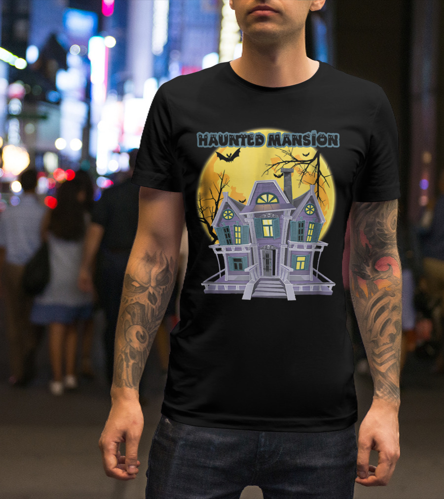 Haunted Mansion With Full Moon And Bats T-Shirt
