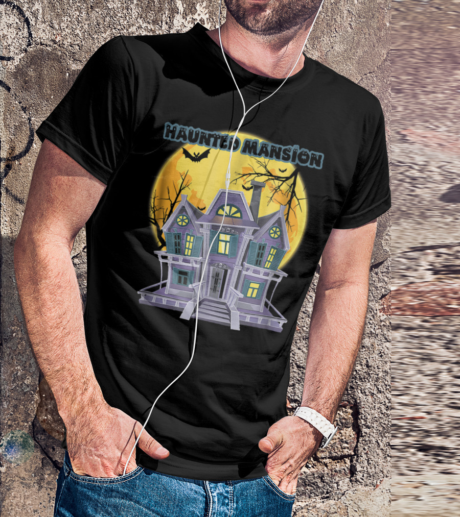 Haunted Mansion With Full Moon And Bats T-Shirt