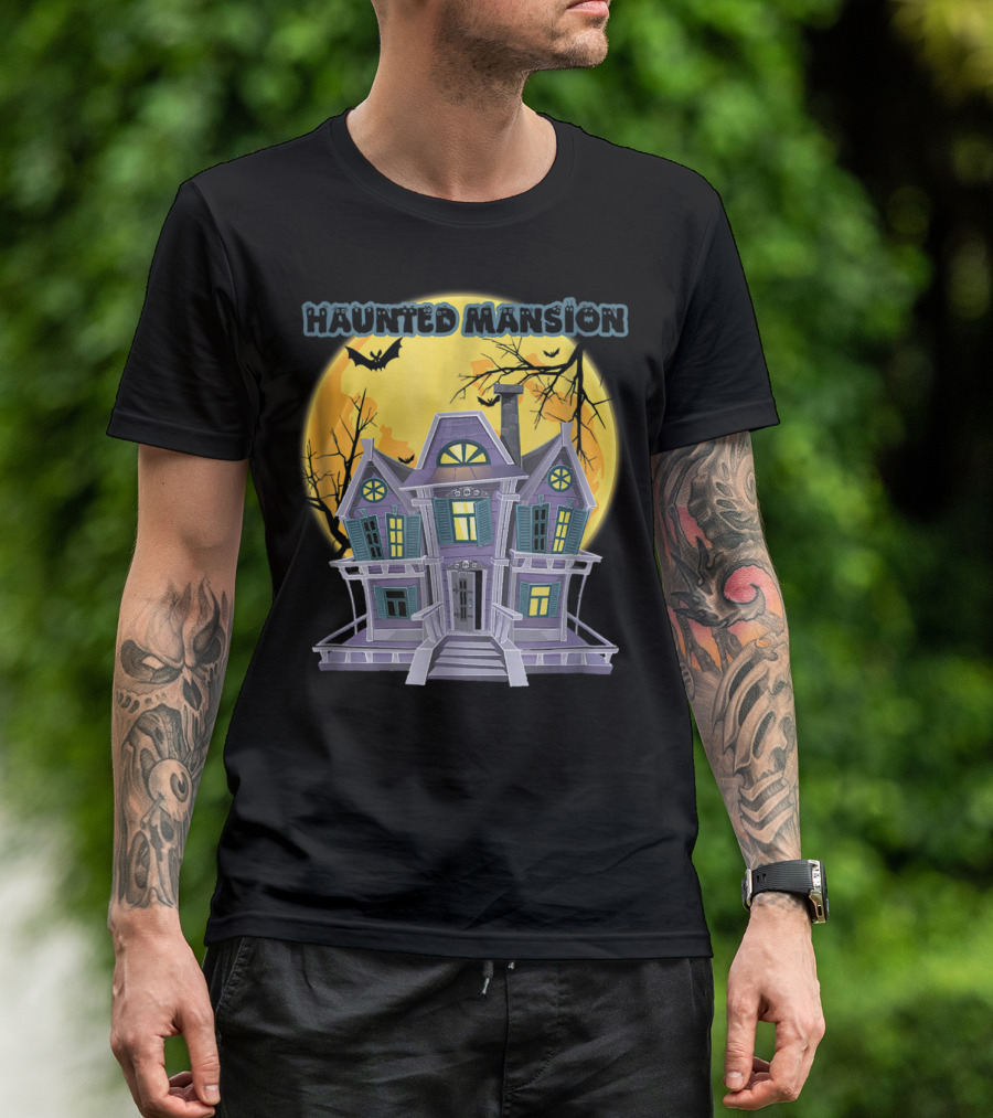 Haunted Mansion With Full Moon And Bats T-Shirt