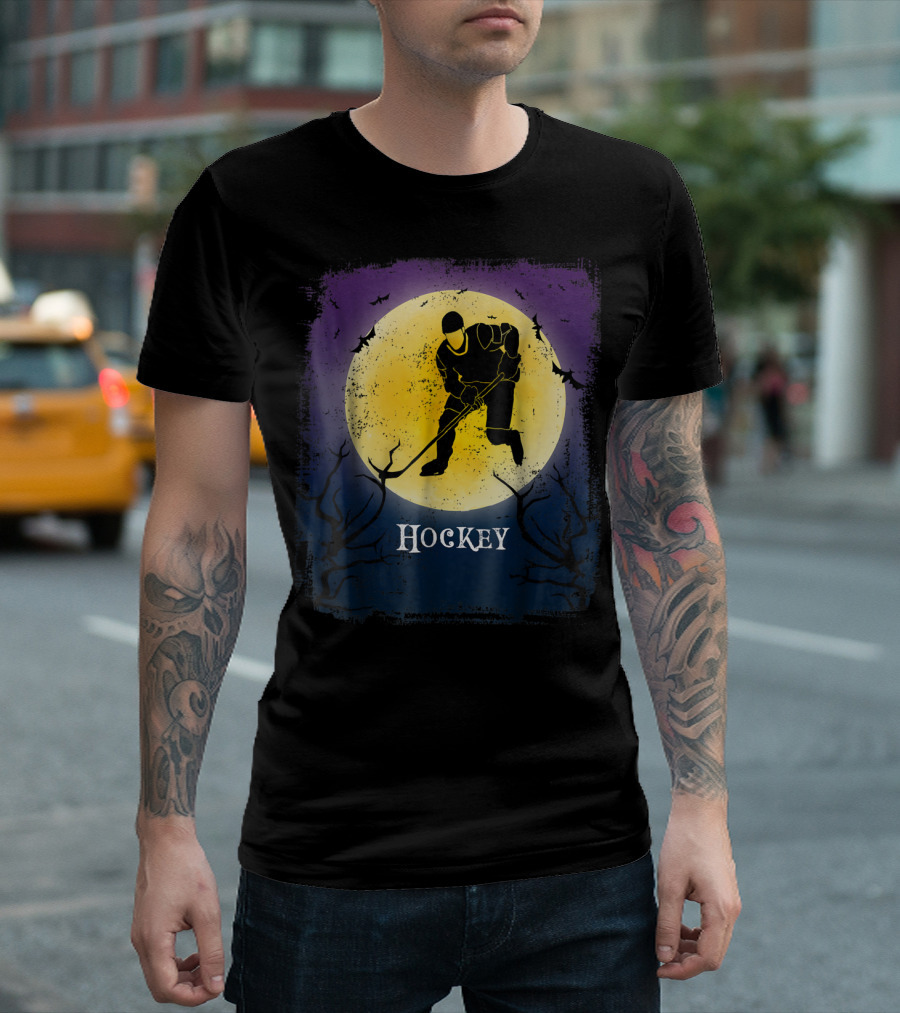 Hockey Player Halloween Moon Vintage Style with Bats T-Shirt