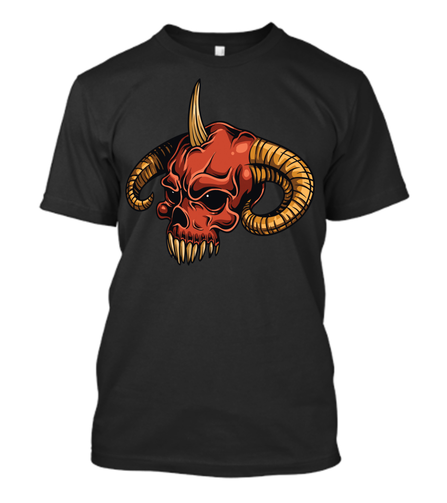 Horned Demon Skull With Red And Gold Scary Teeth T-Shirt