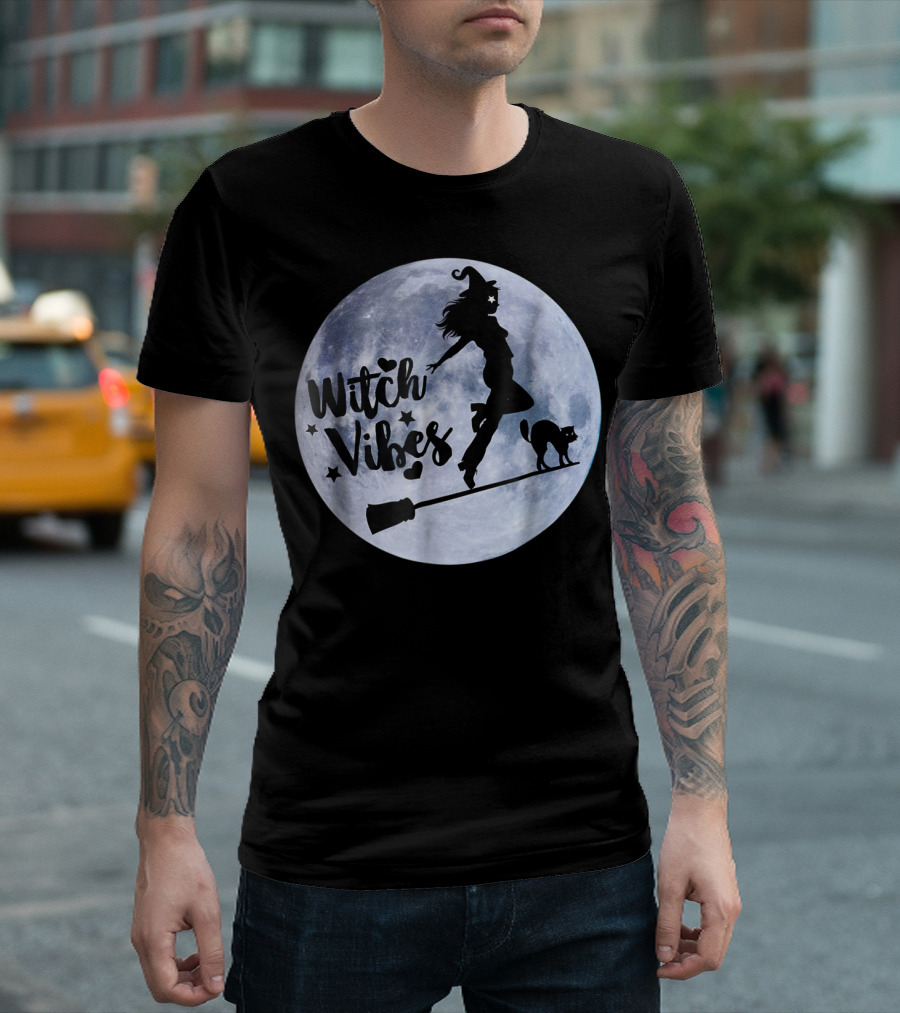 Witch Vibes Silhouette Flying on Broomstick with Cat and Moon T-Shirt