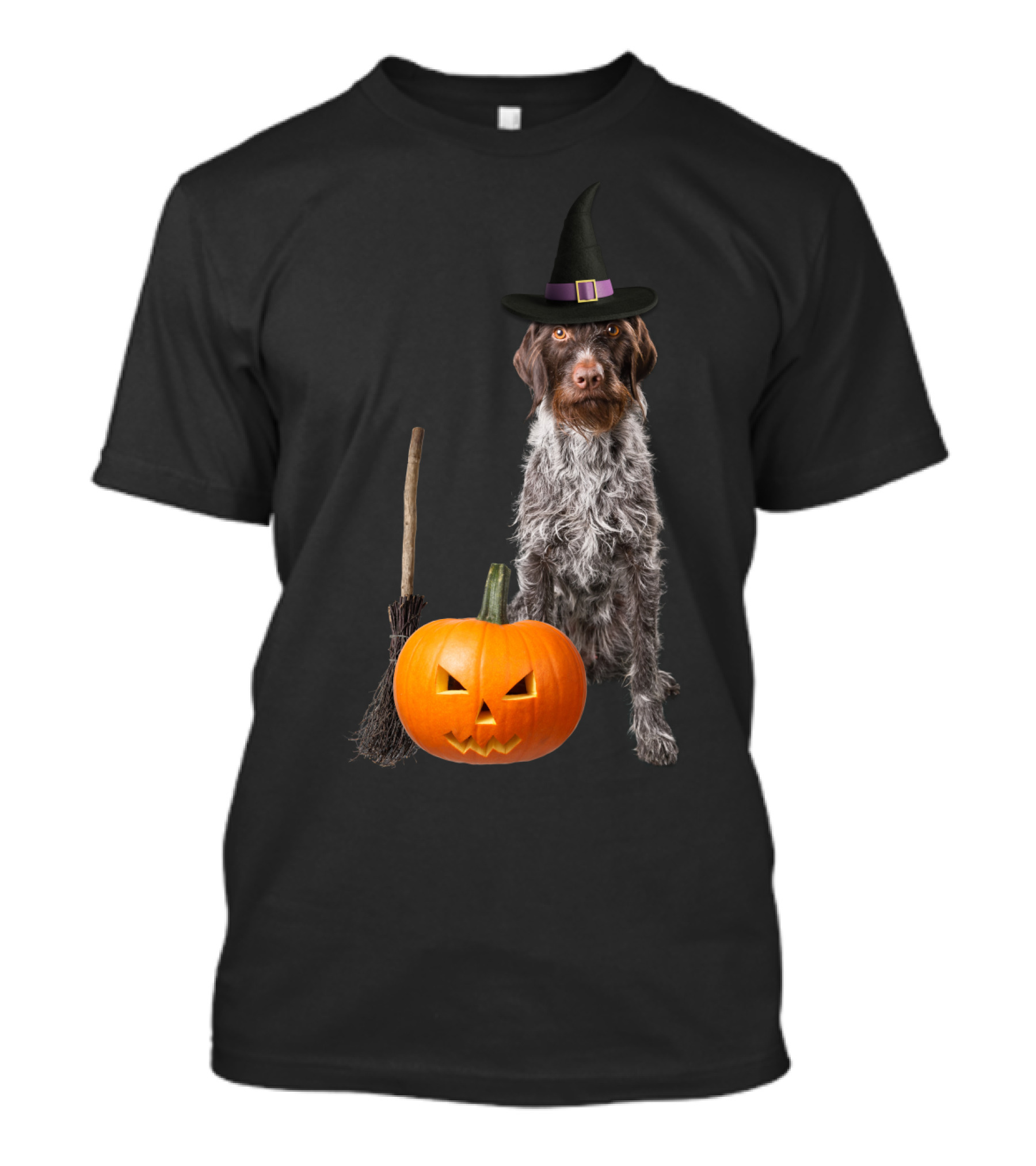 German Wirehaired Pointer Witch Hat Pumpkin Broom Halloween T-Shirt