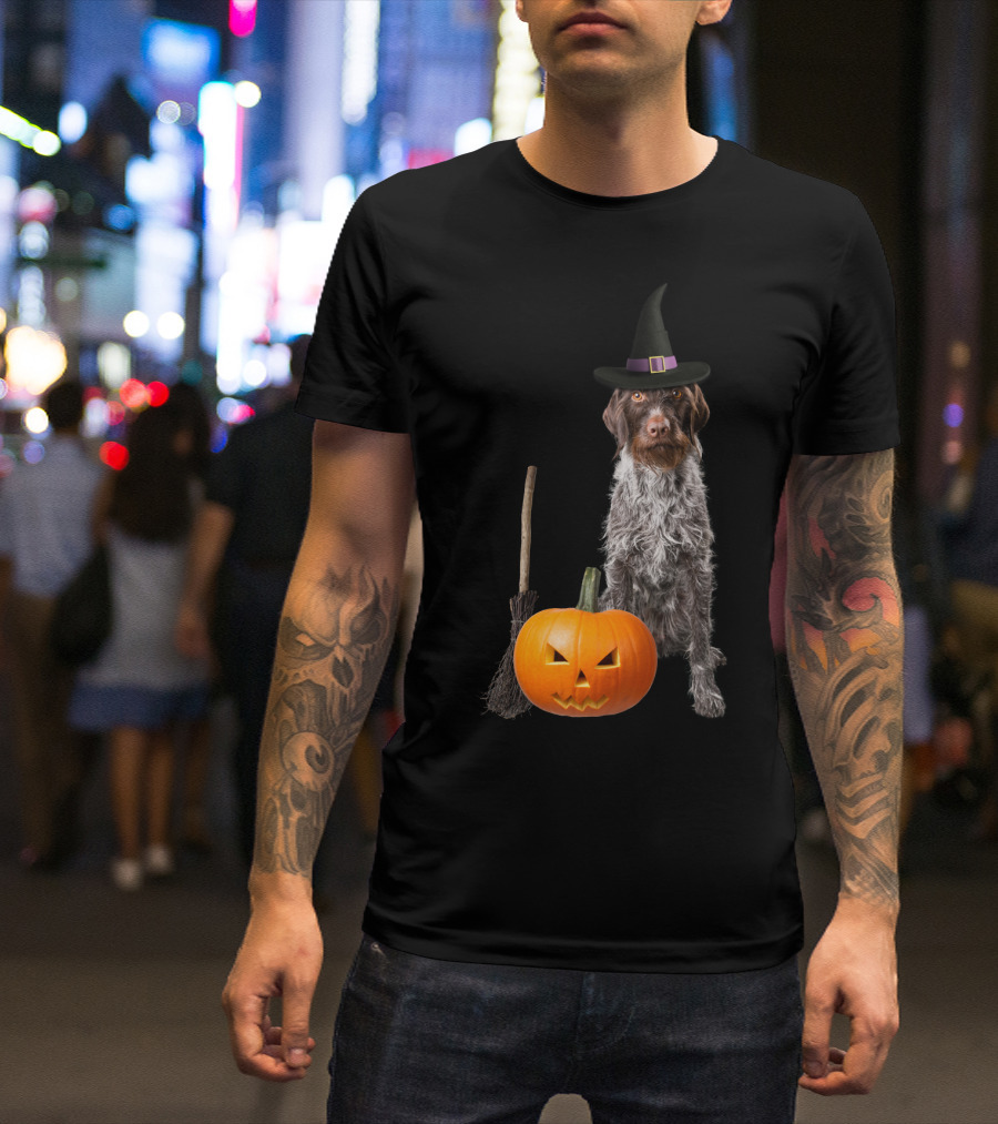 German Wirehaired Pointer Witch Hat Pumpkin Broom Halloween T-Shirt