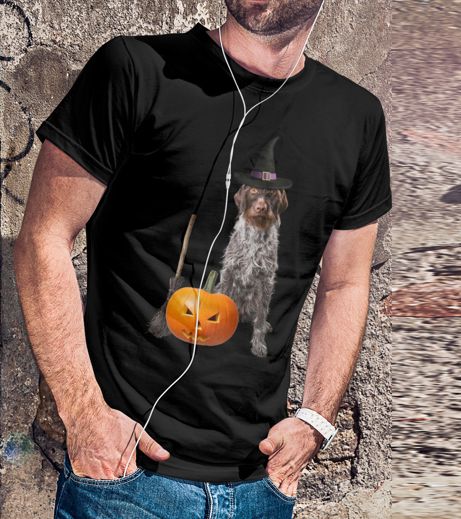 German Wirehaired Pointer Witch Hat Pumpkin Broom Halloween T-Shirt