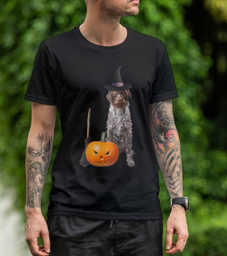 German Wirehaired Pointer Witch Hat Pumpkin Broom Halloween T-Shirt
