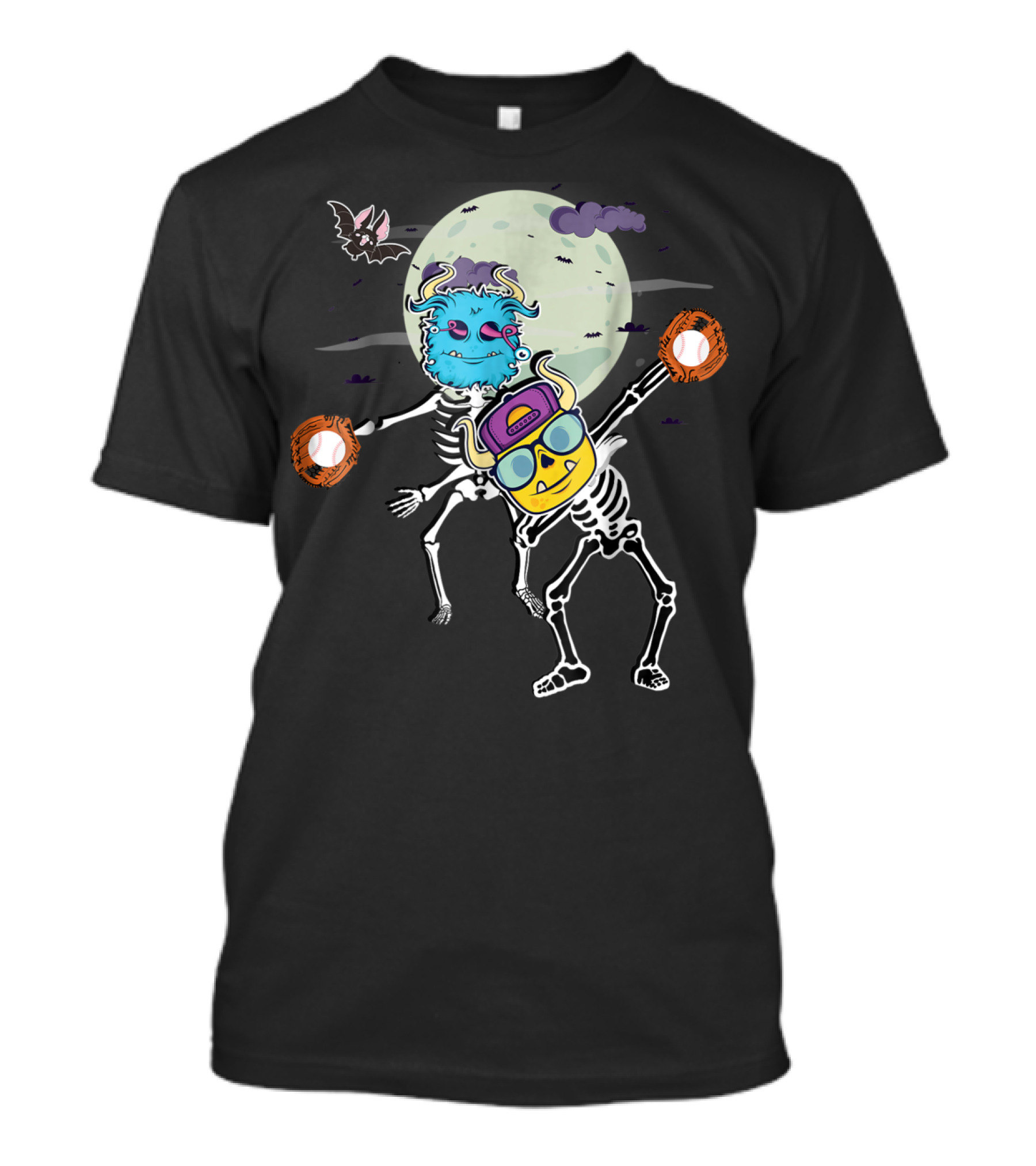 Halloween Skeletons Flossing And Dabbing With Baseball Gloves In Moonlit Scene T-Shirt