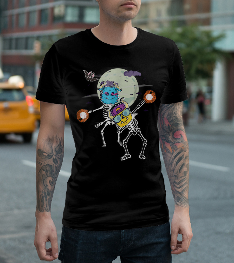 Halloween Skeletons Flossing And Dabbing With Baseball Gloves In Moonlit Scene T-Shirt