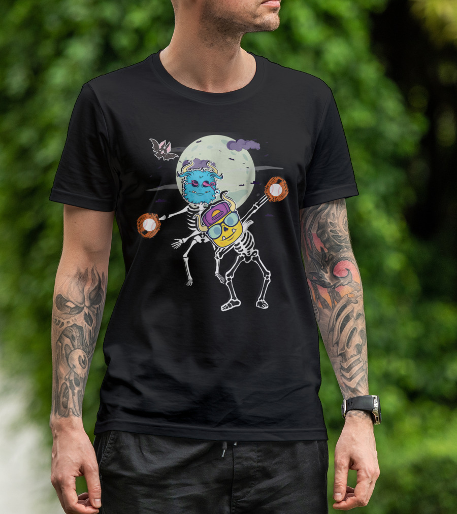 Halloween Skeletons Flossing And Dabbing With Baseball Gloves In Moonlit Scene T-Shirt