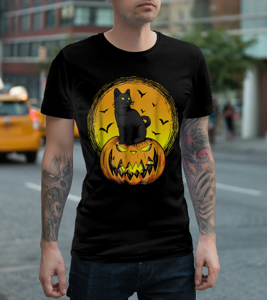 Halloween Black Cat Pumpkin Face Cool Gothic Bats Moon T-Shirt