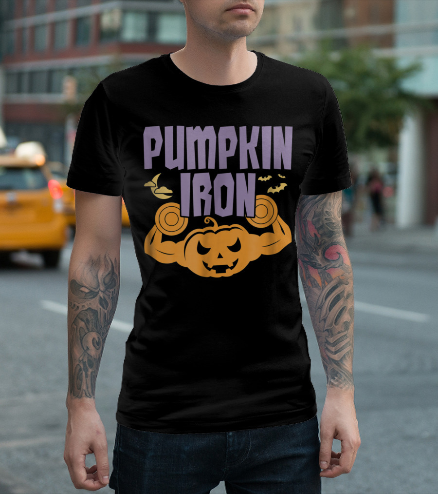Pumpkin Iron Halloween October Gym Workout With Strong Muscular Jack-O'-Lantern And Bats T-Shirt