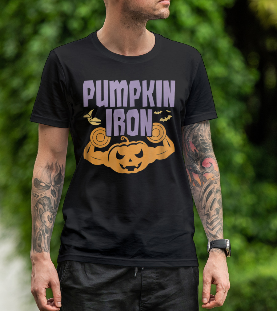 Pumpkin Iron Halloween October Gym Workout With Strong Muscular Jack-O'-Lantern And Bats T-Shirt