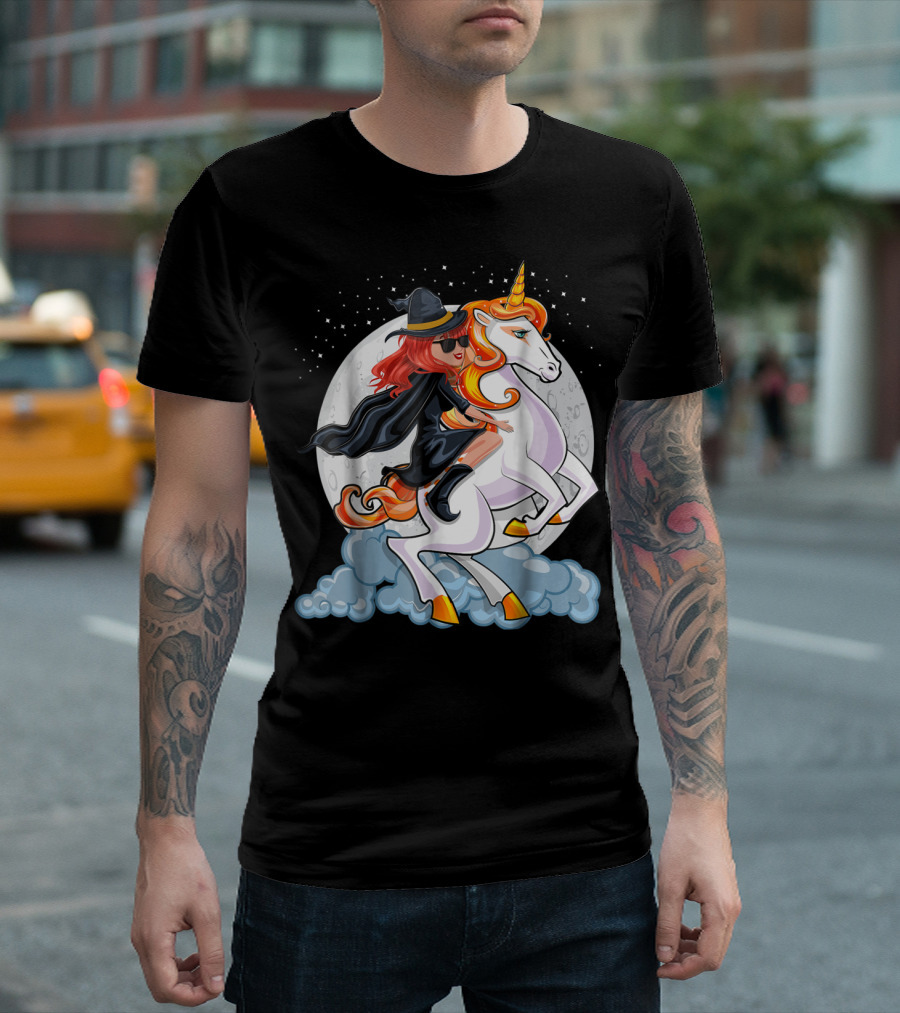 Halloween Witch Unicorn for Girls Riding Mystical Creature in Moonlit Sky T-Shirt